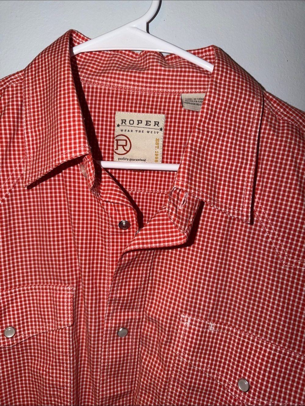 Roper Red/Orange Gingham Men's Pearl Snap Button-Down Shirt - Picture 2 of 5